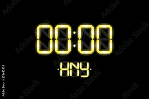 Happy New Year card with lcd electronic display clock numbers 0000 and HNY yellow gold glow gradient letters on black background. Merry Christmas vector illustration