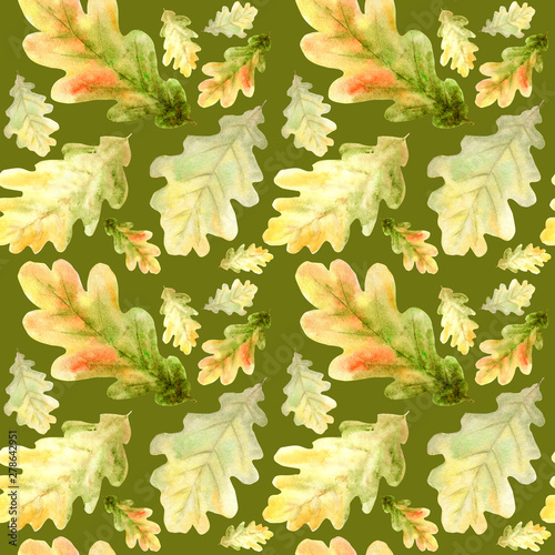 Watercolor Seamless pattern with bright colors forest oak leaves Beautiful autumn background in orange, green, yellow colors.