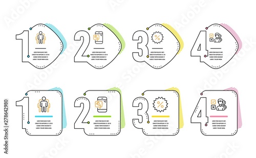 Discount, Phone repair and Group icons simple set. Opinion sign. Special offer, Spanner service, Managers. Choose answer. Business set. Infographic timeline. Line discount icon. 4 options or steps