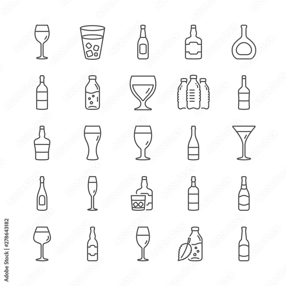 Wine bottle line icons. Set of Wine glass, Craft beer and Whiskey icons. Champagne bottle, Alcohol drink and Scotch with ice. Wineglass, Beer glass and Restaurant goblet signs. Beverage drink. Vector