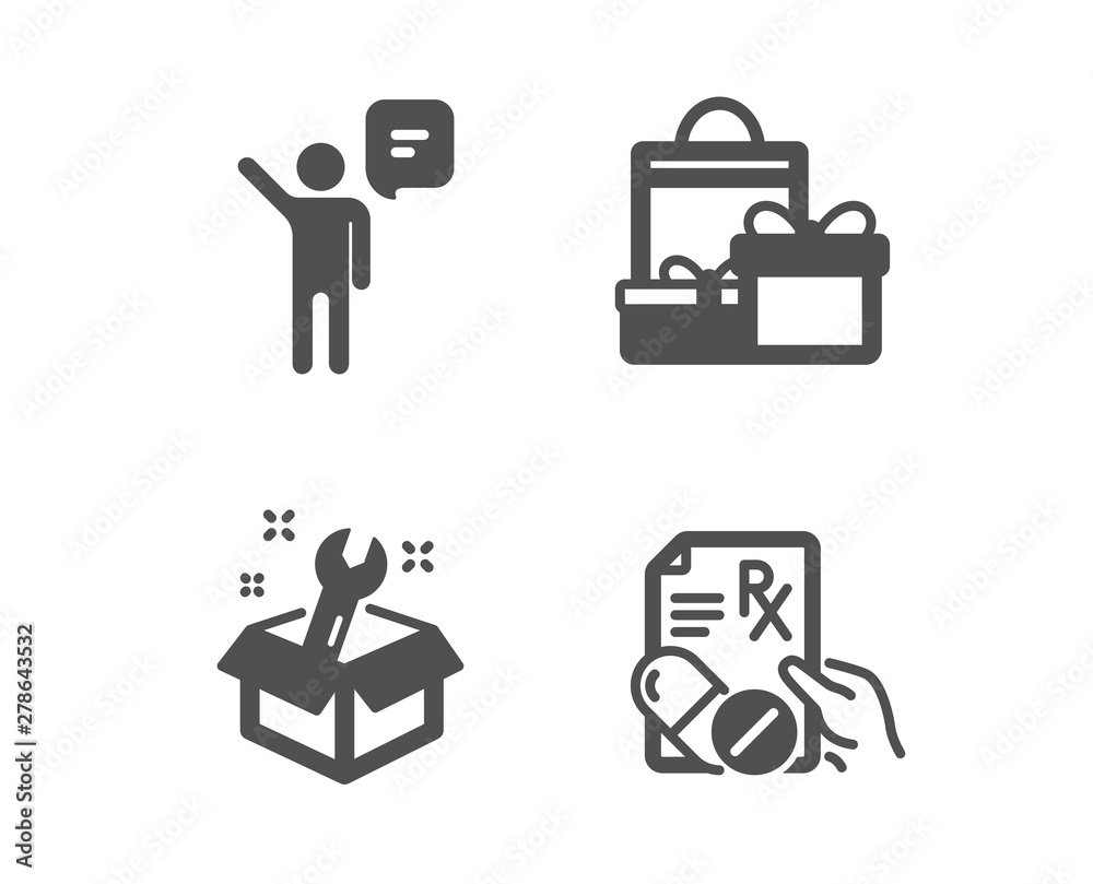 Set of Shopping, Agent and Spanner icons. Prescription drugs sign. Holiday packages, Business person, Repair service. Pills. Classic design shopping icon. Flat design. Vector Set of Shopping, Agent and Spanner icons. Prescription drugs sign. Holiday packages, Business person, Repair service. Pills. Classic design shopping icon. Flat design. Vector