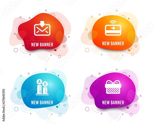 Liquid badges. Set of Ab testing, Contactless payment and Incoming mail icons. Gift sign. Test chart, Financial payment, Download message. Present.  Gradient ab testing icon. Flyer fluid design