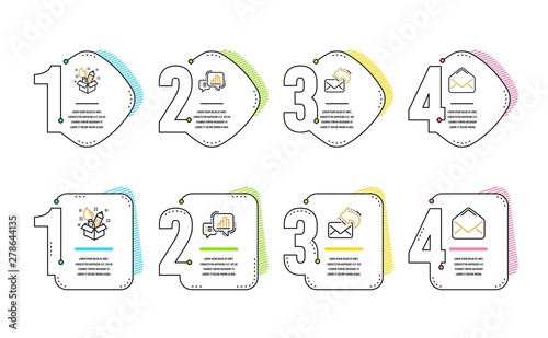 Share mail, Graph chart and Creativity icons simple set. Mail sign. New e-mail, Growth report, Design idea. E-mail. Education set. Infographic timeline. Line share mail icon. 4 options or steps