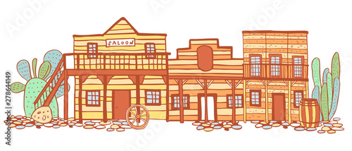 America Old West town street view. Hand drawn color outline sketch doodle vector illustration 
