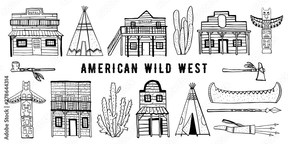America Wild West and Native American Indians houses and objects set. Hand drawn outline sketch doodle vector illustration 
