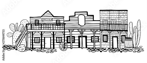 America Wild West town street view. Hand drawn outline sketch doodle vector illustration 