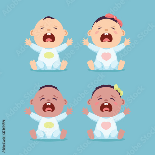 Set of sitting and crying little caucasian baby and black baby, baby boy and baby girl