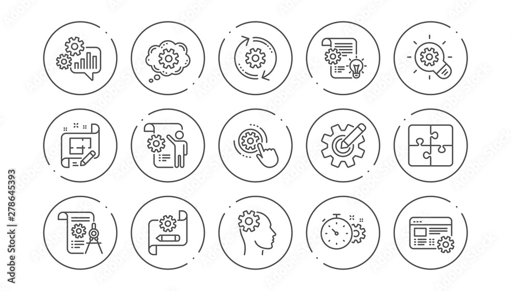 Engineering line icons. Puzzle, Dividers tool and Architect plan. Engineer linear icon set. Line buttons with icon. Editable stroke. Vector