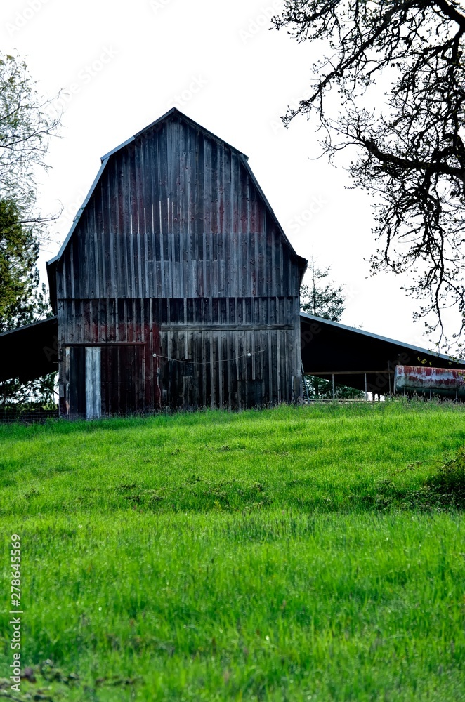 Wooden barn on hilltop with green pasture in front history,peaceful Wooden barn on hilltop with green pasture in front history,peaceful