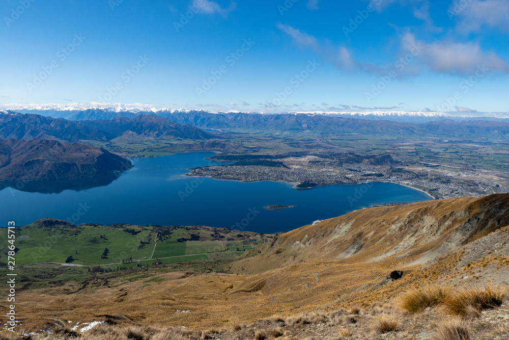 wonderful dramatic scenery of the Southern alps and Lake Wanaka from the top of Roy's Peak in New Zealand   