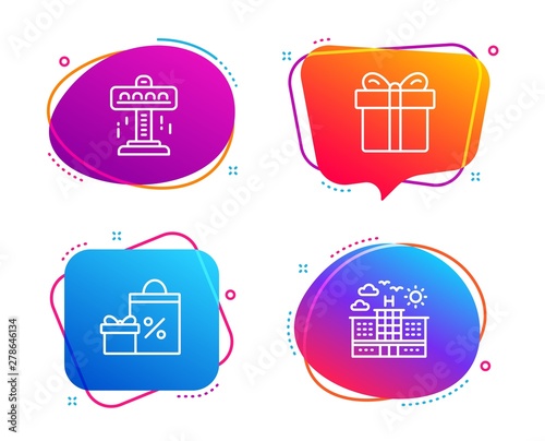 Attraction, Gift box and Shopping icons simple set. Hotel sign. Free fall, Present package, Gifts and sales. Travel. Holidays set. Speech bubble attraction icon. Colorful banners design set. Vector