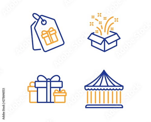 Gift, Coupons and Holiday presents icons simple set. Carousels sign. New year, Shopping tags, Gift boxes. Attraction park. Holidays set. Linear gift icon. Colorful design set. Vector