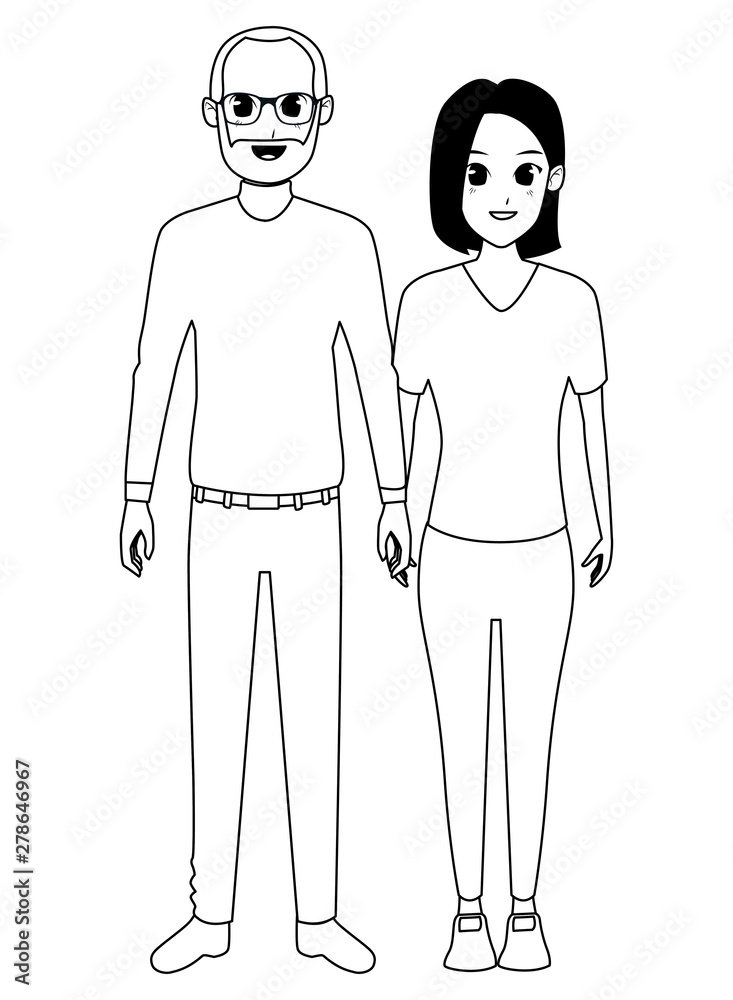 Family father with adult daughter cartoon in black and white Family father with adult daughter cartoon in black and white