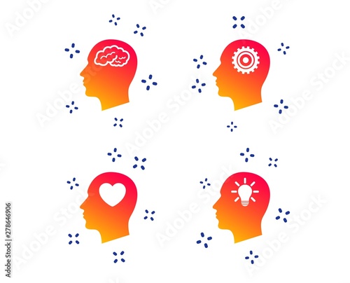 Head with brain and idea lamp bulb icons. Male human think symbols. Cogwheel gears signs. Love heart. Random dynamic shapes. Gradient head icon. Vector