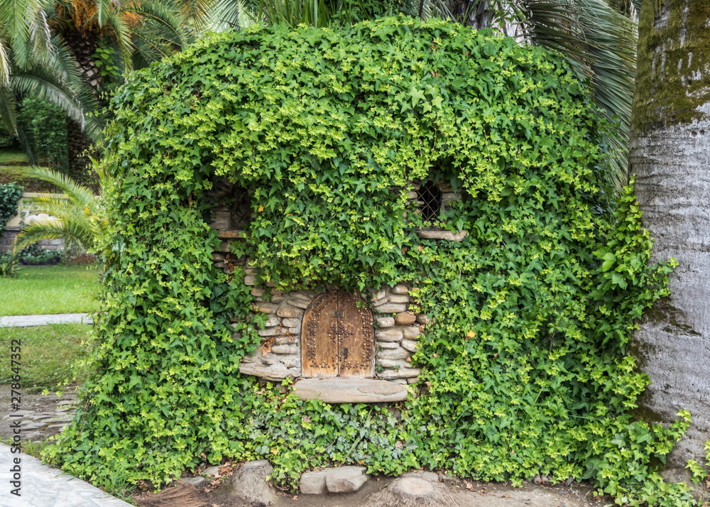 Little brown wooden door in leaves. Park Arboretum