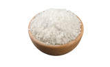 white salt crystals in wooden bowl isolated on white background. 45 degree view. Spices and food ingredients.