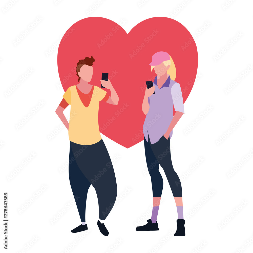 man and woman characters using smartphone man and woman characters using smartphone