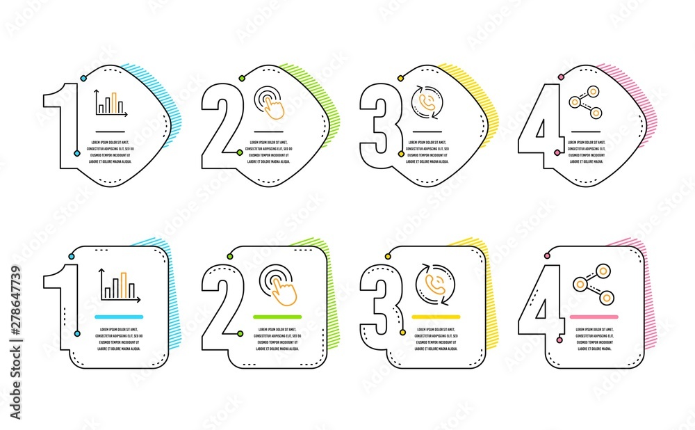 Diagram graph, Call center and Click icons simple set. Share sign. Presentation chart, Recall, Cursor pointer. Follow network. Infographic timeline. Line diagram graph icon. 4 options or steps. Vector Diagram graph, Call center and Click icons simple set. Share sign. Presentation chart, Recall, Cursor pointer. Follow network. Infographic timeline. Line diagram graph icon. 4 options or steps. Vector