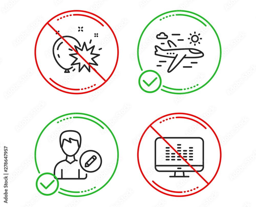 Do or Stop. Balloon dart, Airplane travel and Edit person icons simple set. Music making sign. Attraction park, Trip flight, Change user info. Dj app. Line balloon dart do icon. Prohibited ban stop Do or Stop. Balloon dart, Airplane travel and Edit person icons simple set. Music making sign. Attraction park, Trip flight, Change user info. Dj app. Line balloon dart do icon. Prohibited ban stop