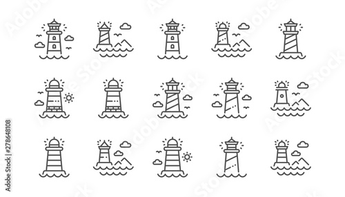 Lighthouse line icons. Searchlight tower with seagull for marine navigation of ships. Sea pharos, lighthouse or beacon icons. Linear set. Vector