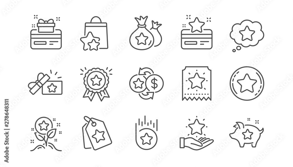 Loyalty program line icons. Bonus card, Redeem gift and discount coupon signs. Lottery ticket, Earn reward and winner gift icons. Linear set. Vector Loyalty program line icons. Bonus card, Redeem gift and discount coupon signs. Lottery ticket, Earn reward and winner gift icons. Linear set. Vector