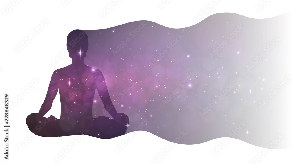 Silhouette of a man in the lotus position and space, meditation, yoga