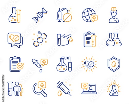 Medical healthcare, doctor line icons. Drug testing, scientific discovery and disease prevention signs. Chemical formula, medical doctor research, chemistry testing lab icons. Vector