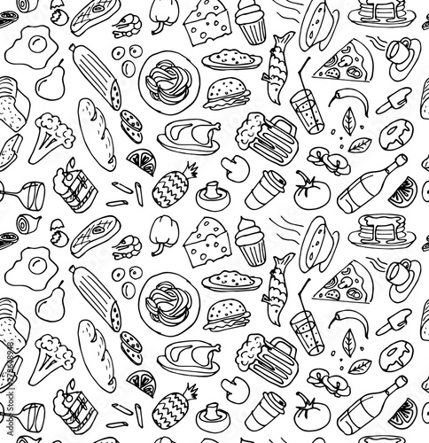 Various hand drawn food cookery doodle outline sketch seamless pattern on white background. Vector cooking illustration