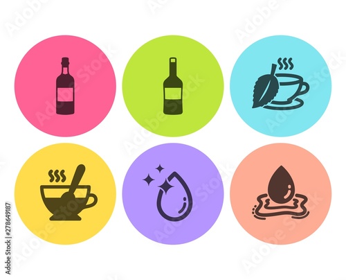 Mint tea, Wine and Tea cup icons simple set. Water drop, Brandy bottle and Water splash signs. Mentha beverage, Merlot bottle. Food and drink set. Flat mint tea icon. Circle button. Vector