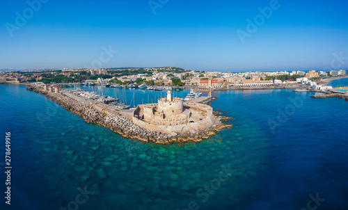 Aerial birds eye view drone photo of Rhodes city island  Dodecanese  Greece. Panorama with Mandraki port  lagoon and clear blue water. Famous tourist destination in South Europe