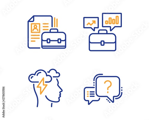 Vacancy, Mindfulness stress and Business portfolio icons simple set. Question mark sign. Hiring job, Cloud storm, Job interview. Quiz chat. Science set. Linear vacancy icon. Colorful design set