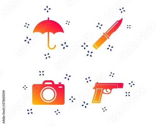 Gun weapon icon.Knife, umbrella and photo camera signs. Edged hunting equipment. Prohibition objects. Random dynamic shapes. Gradient knife icon. Vector