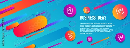 Header banner. Analytics chart, Approved shield and Recruitment icons simple set. Discount, Hotel and Payment click signs. Report analysis, Protection. Business set. Line analytics chart icon. Vector