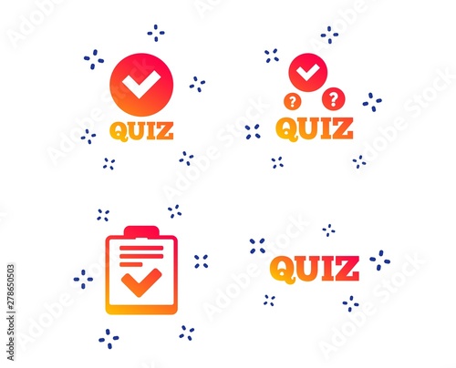 Quiz icons. Checklist with check mark symbol. Survey poll or questionnaire feedback form sign. Random dynamic shapes. Gradient quiz icon. Vector