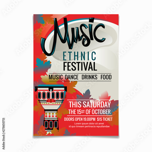 Folk music festival or ethnic music poster design template of national or ethnic musical instruments African djembe
