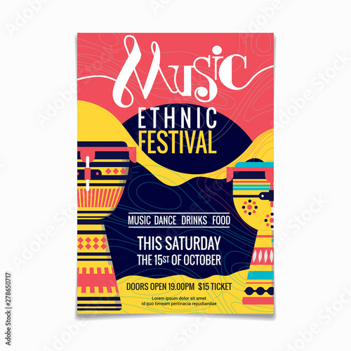 Folk music festival or ethnic music poster design template of national or ethnic musical instruments African djembe photo