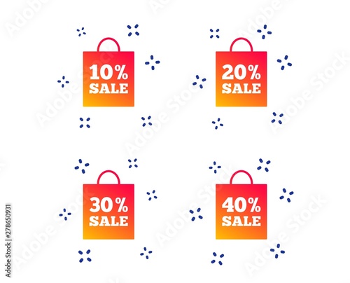 Sale bag tag icons. Discount special offer symbols. 10%, 20%, 30% and 40% percent sale signs. Random dynamic shapes. Gradient sale icon. Vector