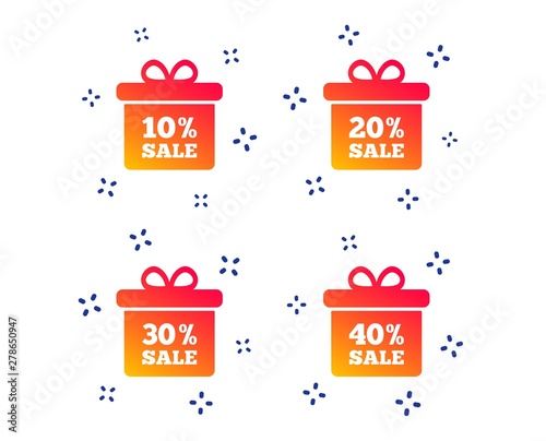 Sale gift box tag icons. Discount special offer symbols. 10%, 20%, 30% and 40% percent sale signs. Random dynamic shapes. Gradient sale icon. Vector