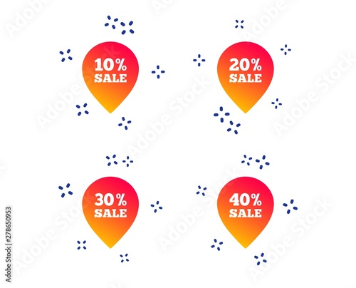 Sale pointer tag icons. Discount special offer symbols. 10   20   30  and 40  percent sale signs. Random dynamic shapes. Gradient sale icon. Vector