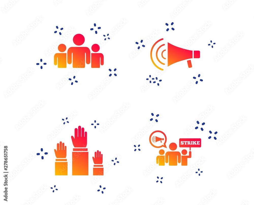 Strike group of people icon. Megaphone loudspeaker sign. Election or voting symbol. Hands raised up. Random dynamic shapes. Gradient strike icon. Vector