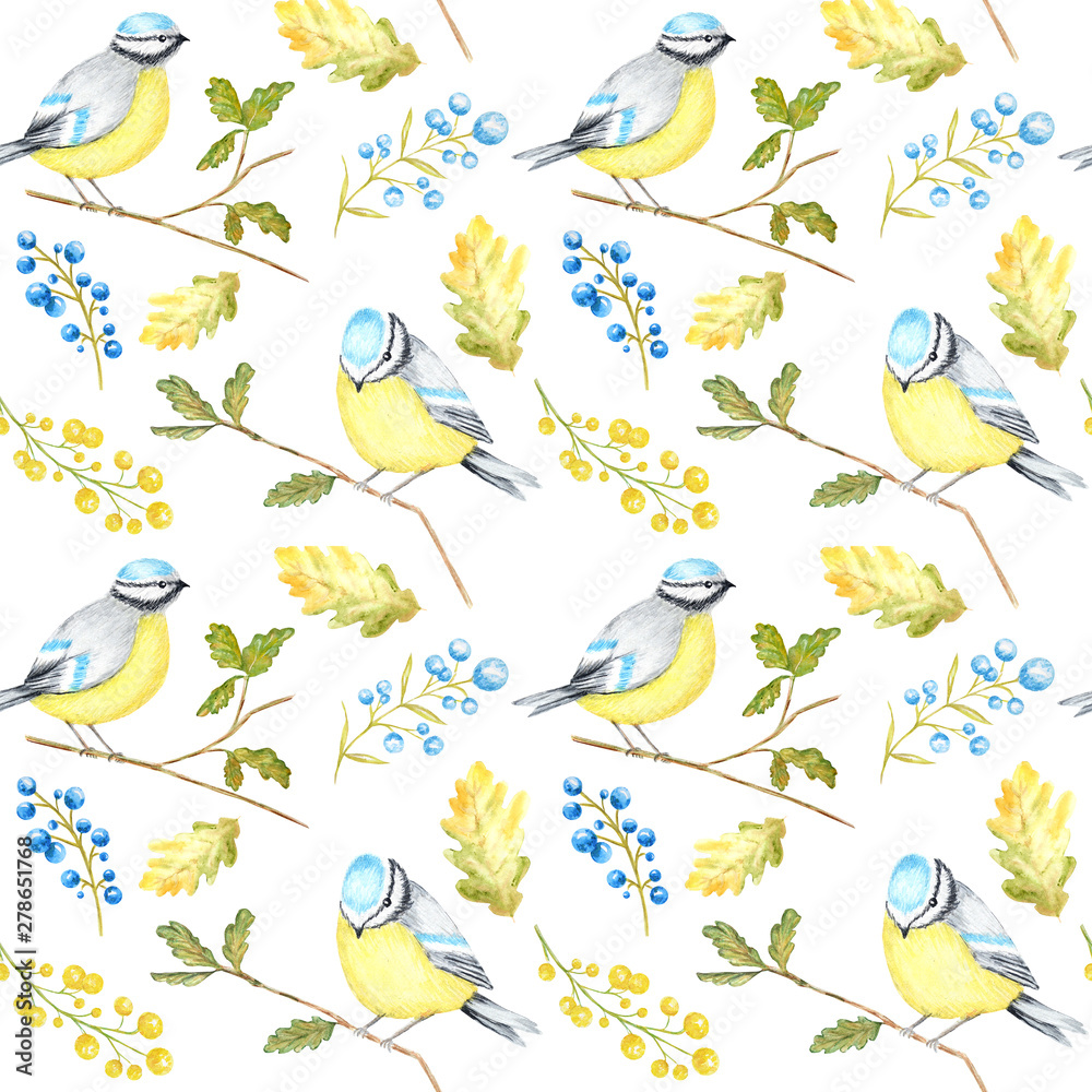 Watercolor Seamless pattern with Bird BlueTit sitting on the oak Branch, isolated on white background.