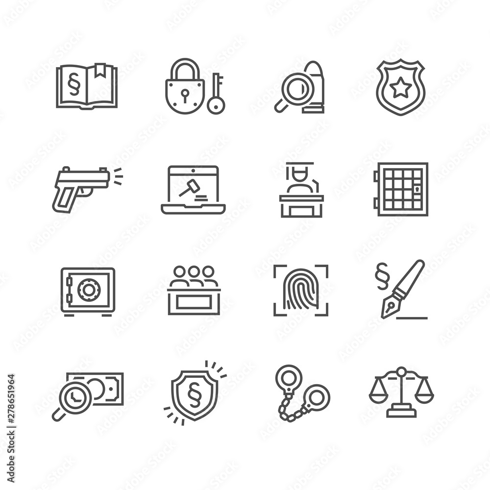 Fototapeta premium Law and Order Linear Vector Icons Set