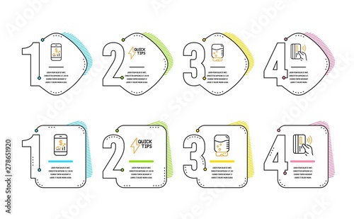 Mobile finance, Water cooler and Quickstart guide icons simple set. Contactless payment sign. Phone accounting, Office drink, Lightning symbol. Bank money. Technology set. Infographic timeline