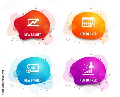 Liquid badges. Set of Calendar graph, Sales diagram and Seo adblock icons. Stats sign. Annual report, Sale growth chart, Search engine. Business analysis.  Gradient calendar graph icon. Vector