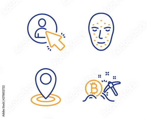 Location, Face biometrics and User icons simple set. Bitcoin mining sign. Map pointer, Facial recognition, Project manager. Cryptocurrency pickaxe. Technology set. Linear location icon. Vector