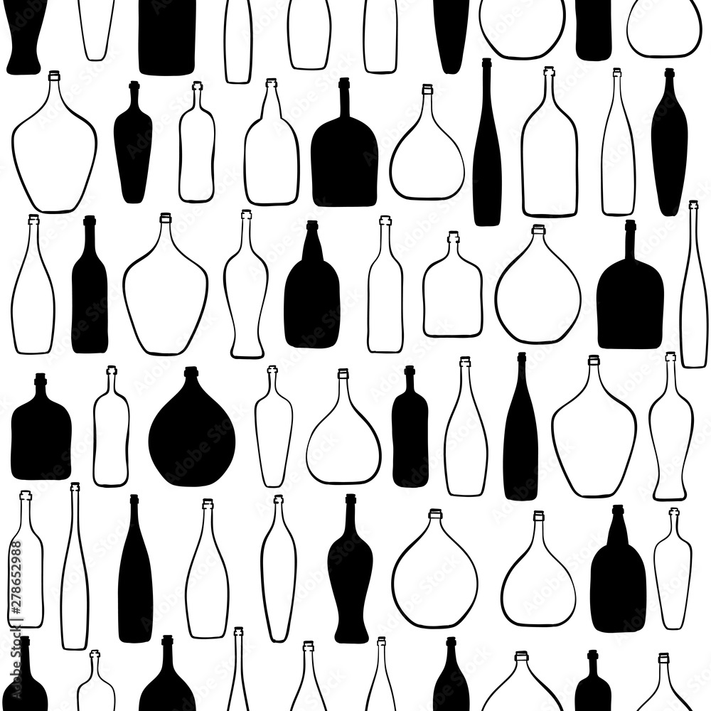 Black and white seamless pattern with bottles Black and white seamless pattern with bottles