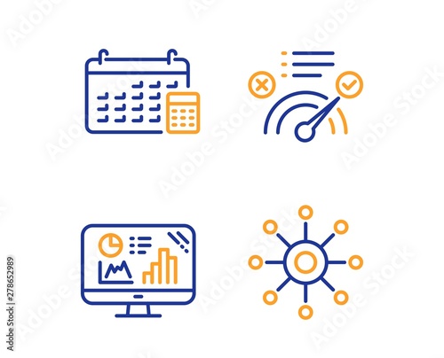 Correct answer, Calendar and Analytics graph icons simple set. Multichannel sign. Approved, Calculator device, Growth report. Multitasking. Technology set. Linear correct answer icon. Vector