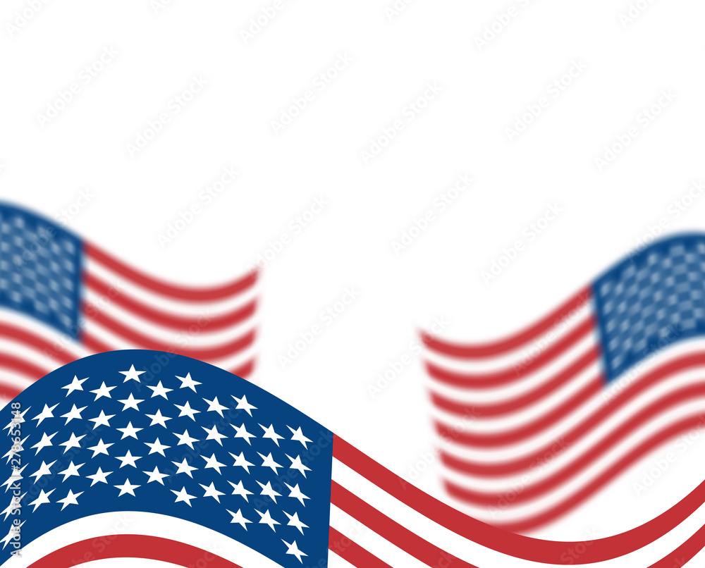 Illustration of USA flag, wavy, developing, blurred effect. American flag. Vector overlay template, banner, holiday card. Isolated light background.