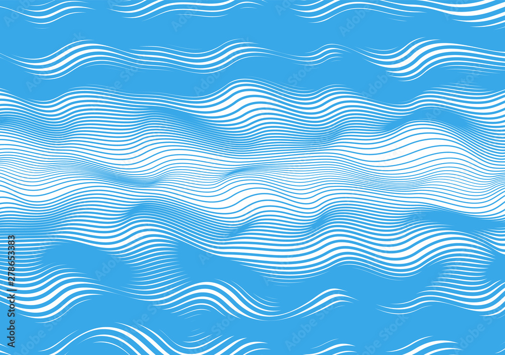 Abstract horizontal lines, blue wave, winding, distortion. Vector illustration template with the ability to overlay isolated white background.