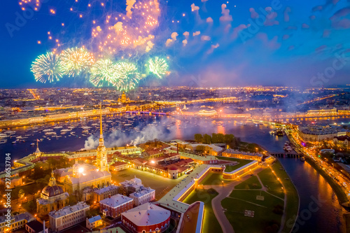 Saint Petersburg. Russia. Panorama of fireworks on victory day. Victory day celebration. Parade of warships on the Neva. Festive salute at the walls of the Peter and Paul fortress. Russian victory. photo